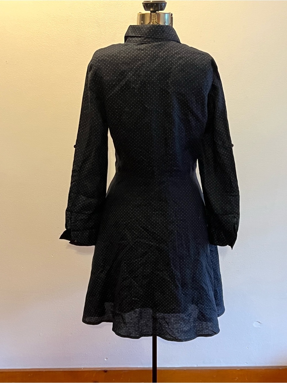 Black Long-Sleeve Shirt Dress with Subtle Dot Print